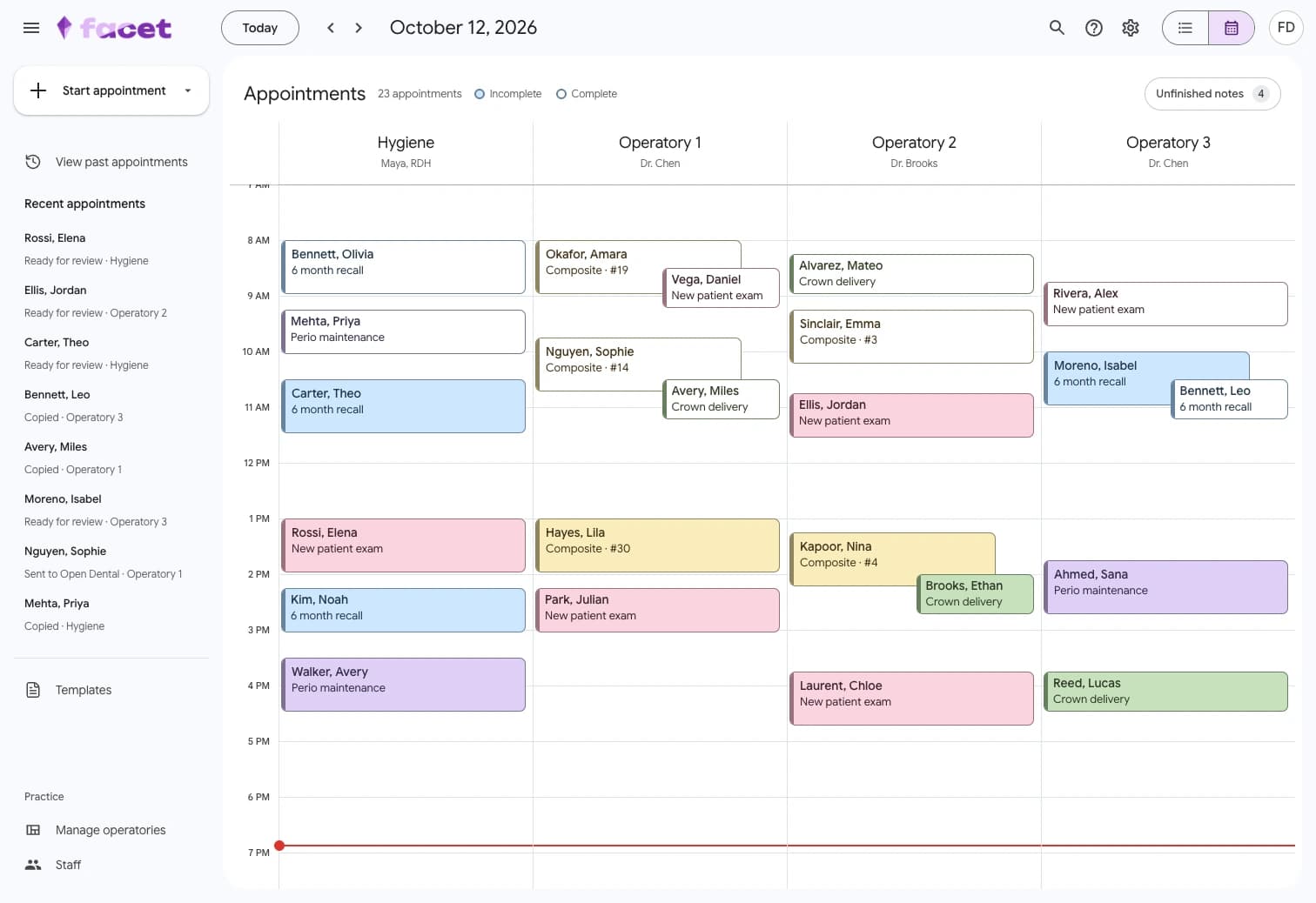 Facet daily dental schedule with provider columns and color-coded appointments