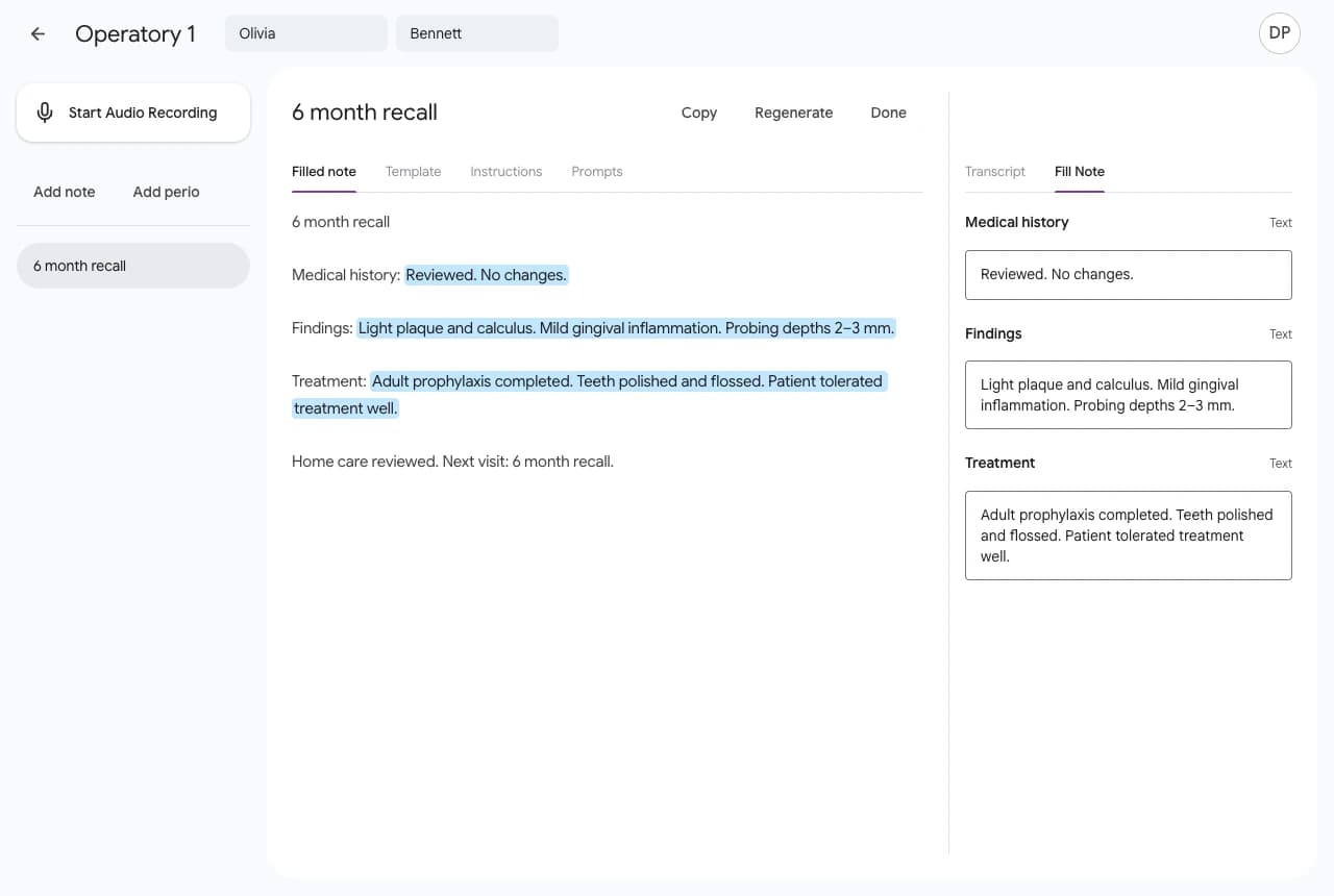 Facet note editor showing a six-month recall note and editable fields