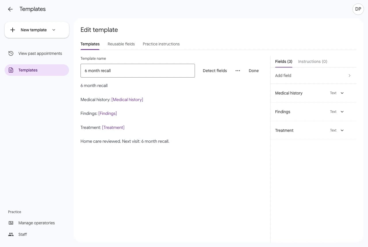 Actual Facet template editor with a comprehensive exam example and reusable fields